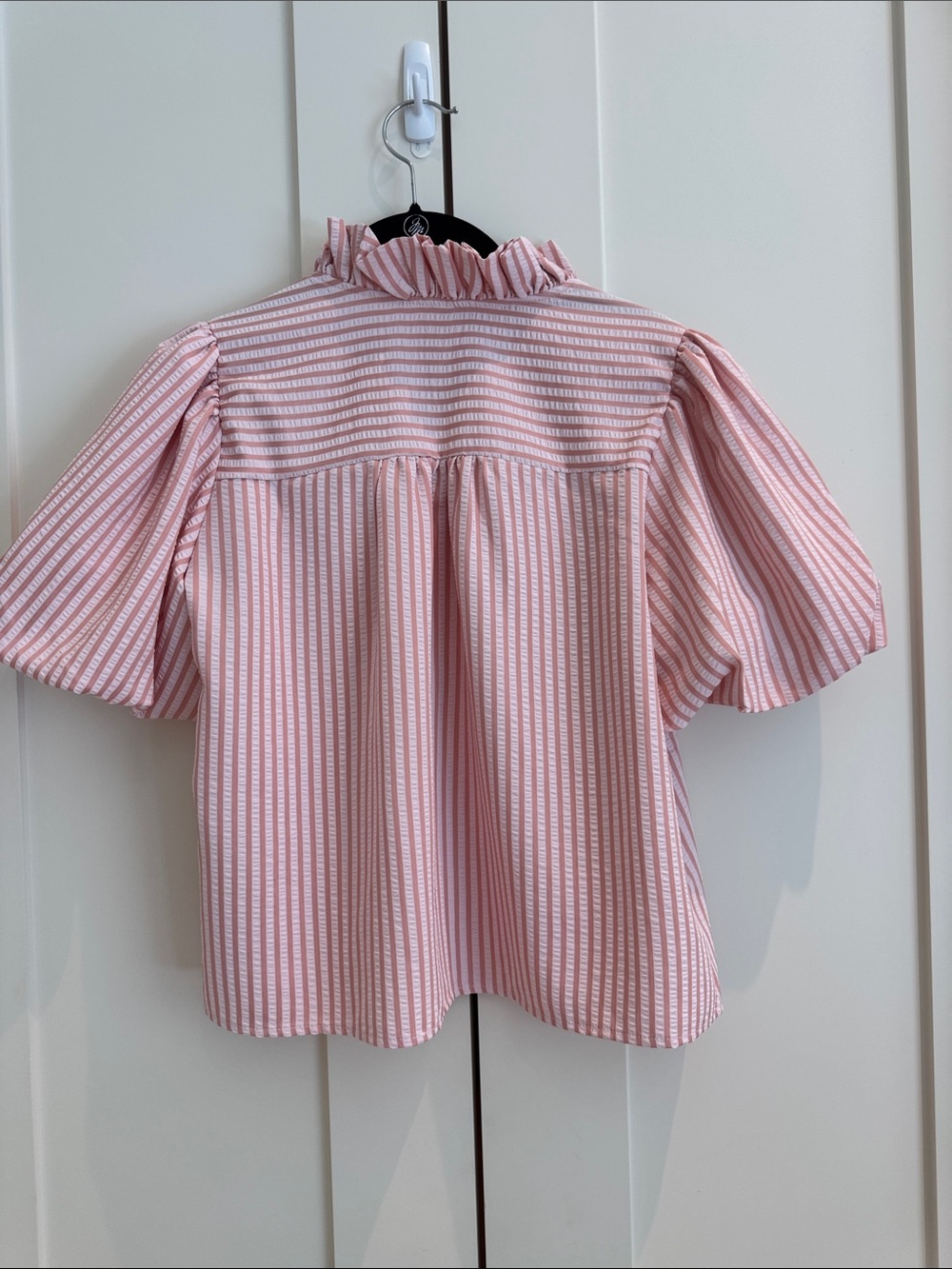 Merci Pink Striped Ruffle-Front Blouse - Picture 3 of 4